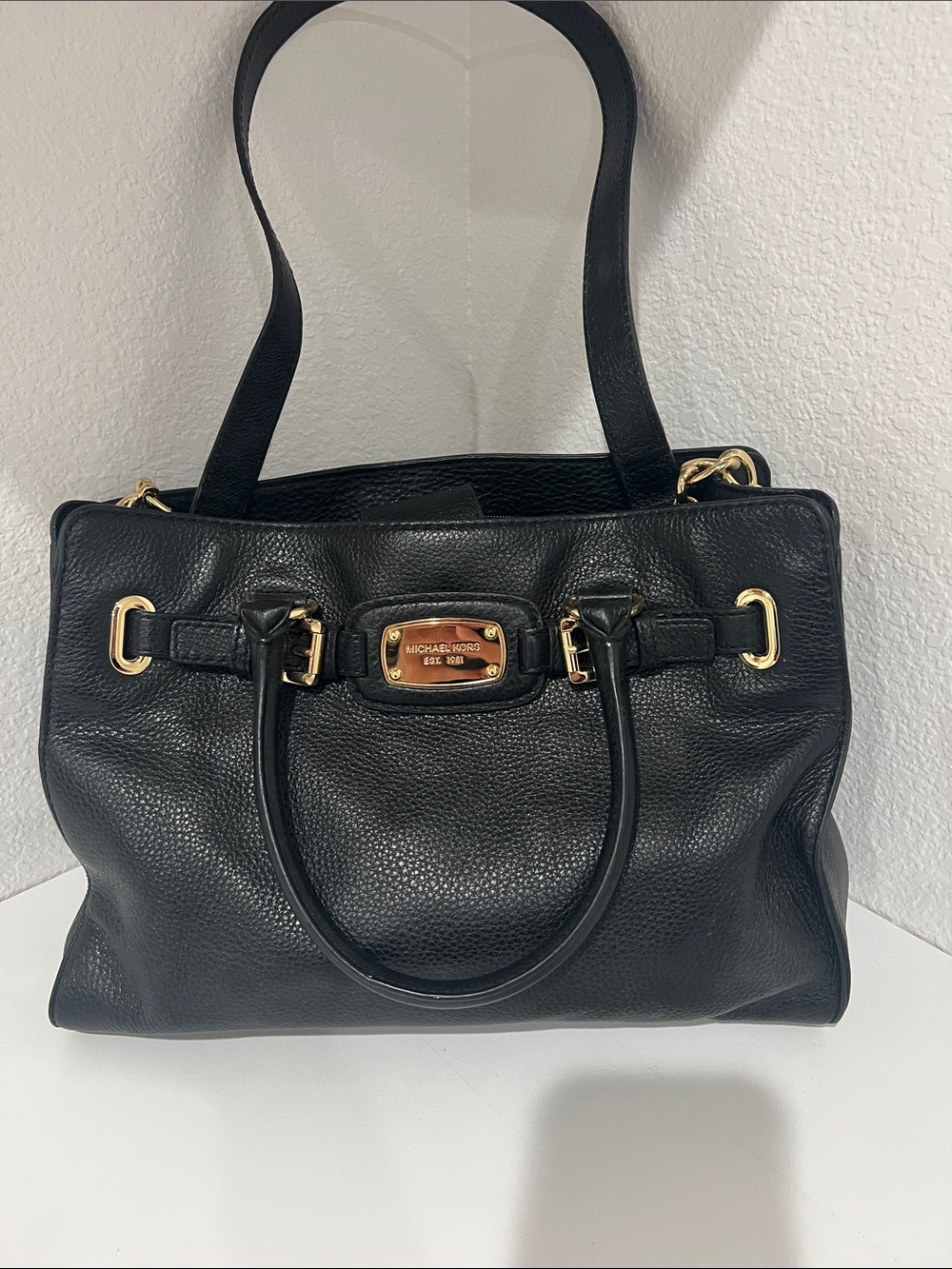 Michael Kors Black Pebbled Leather Satchel with Gold Hardware